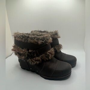 Sorel Women”s Joan of Artic Wedge Heel Ankle Boot Brown Leather Faux Fur Size 8